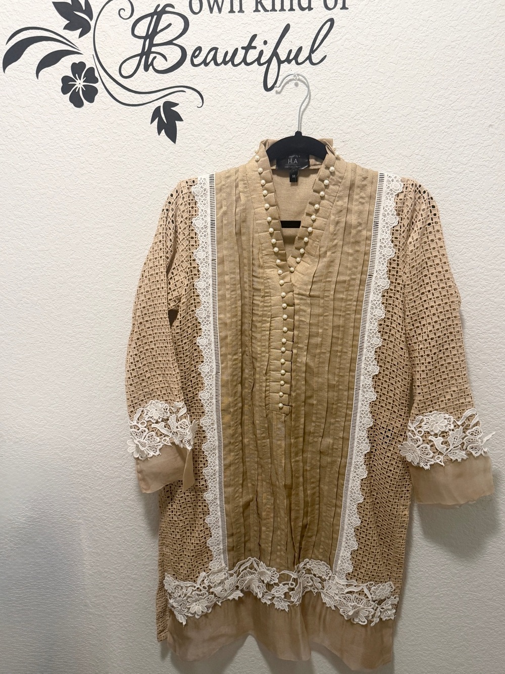 Tan Lace-Trim Pleated Party wear Suit
